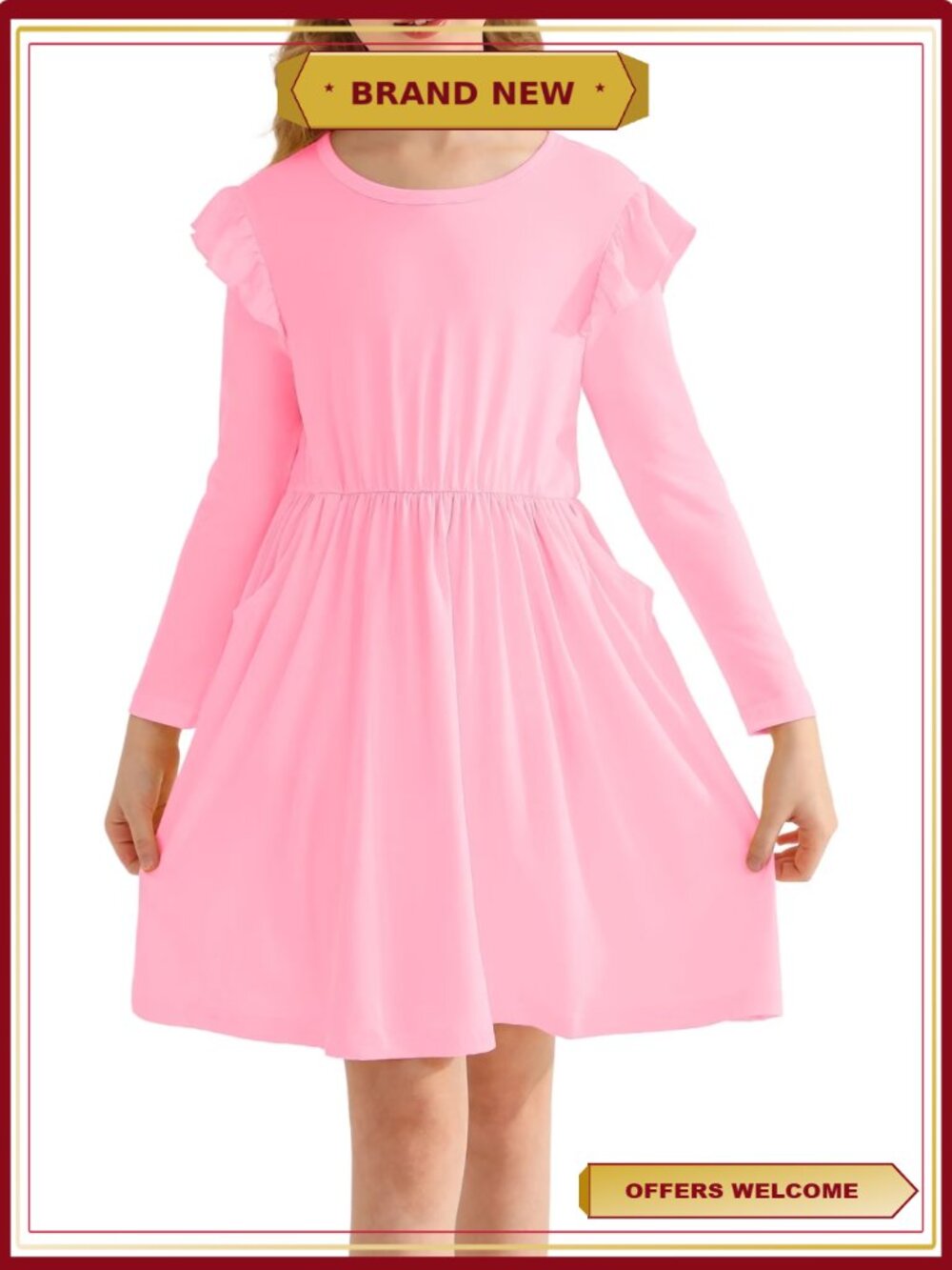 Girls Ruffle Long Sleeve Knit Dress with Pockets Casual A-Line